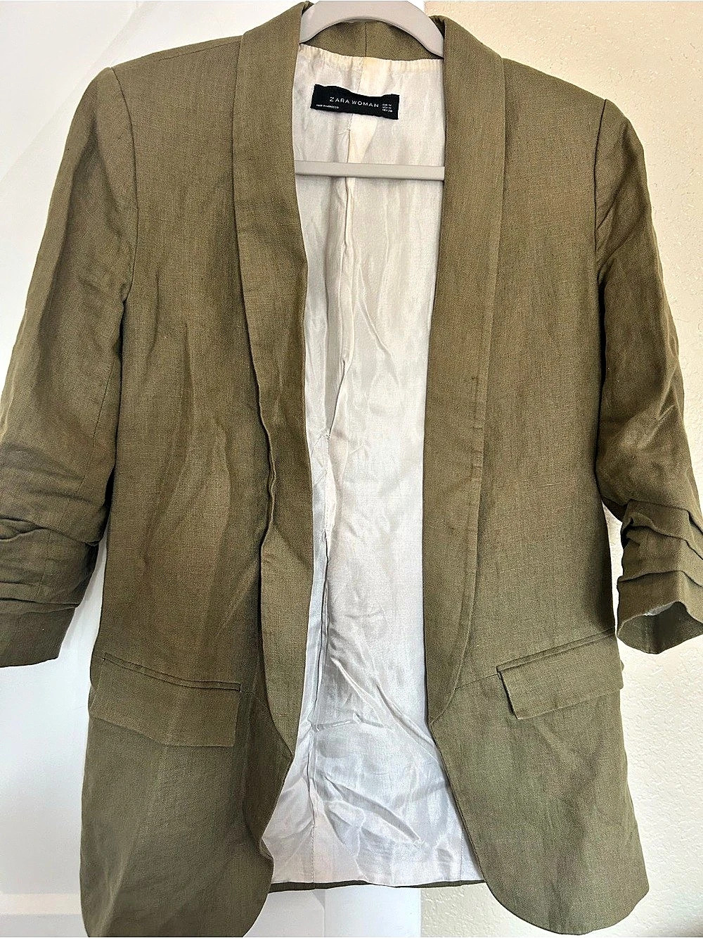 Zara Woman Olive Ruched Sleeve Blazer Size Medium Like New